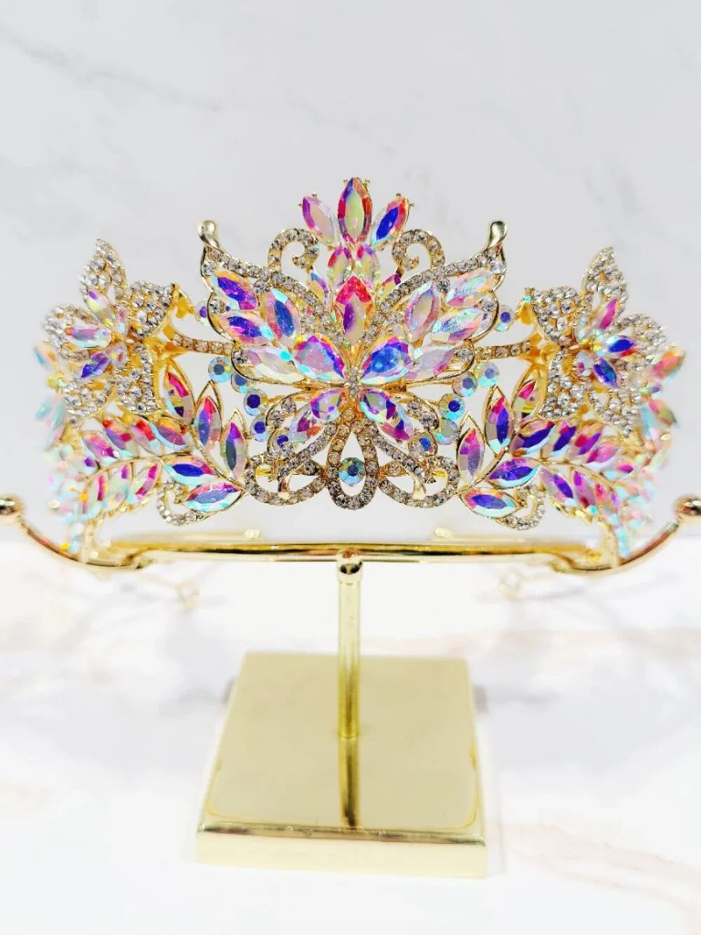 AB Crystal Butterfly Tiara Crown Gold Tone Pageant Prom Wedding Headpiece